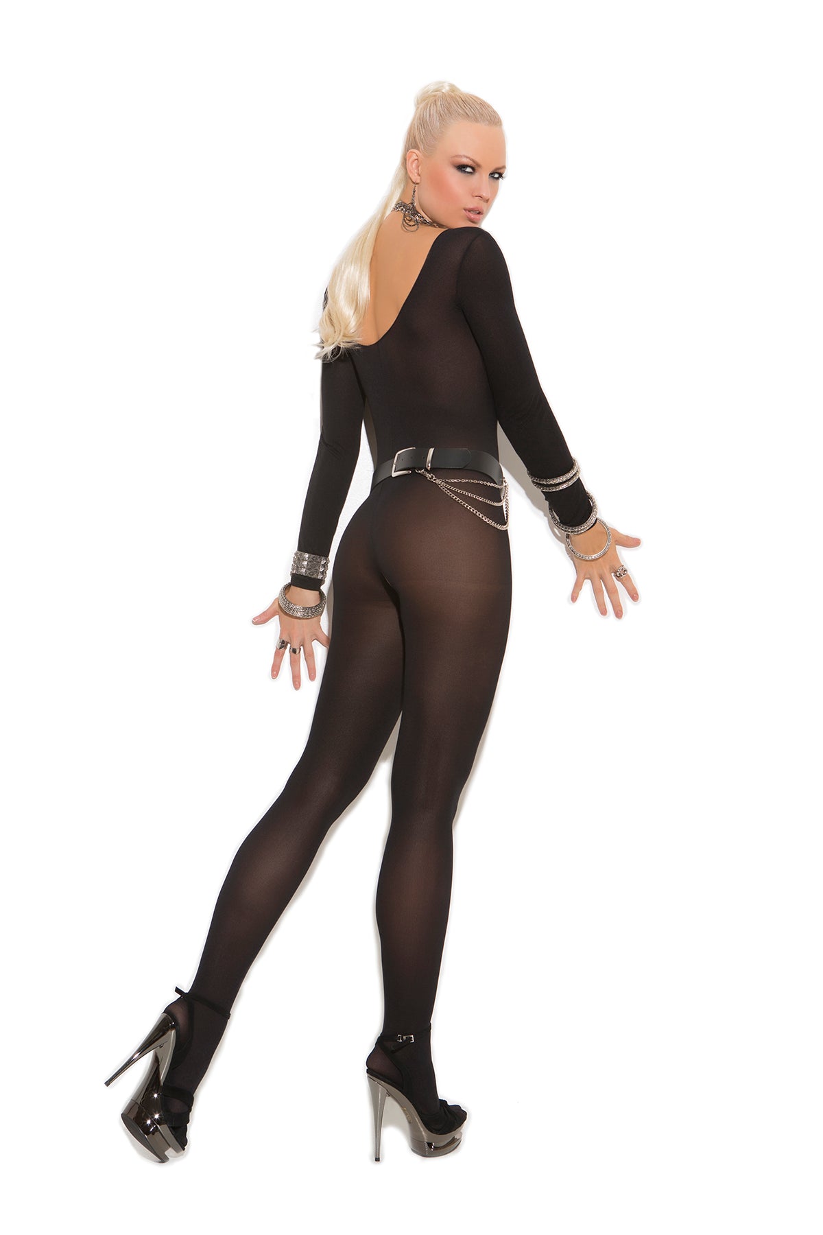 Opaque Long Sleeve Bodystocking With Open Crotch