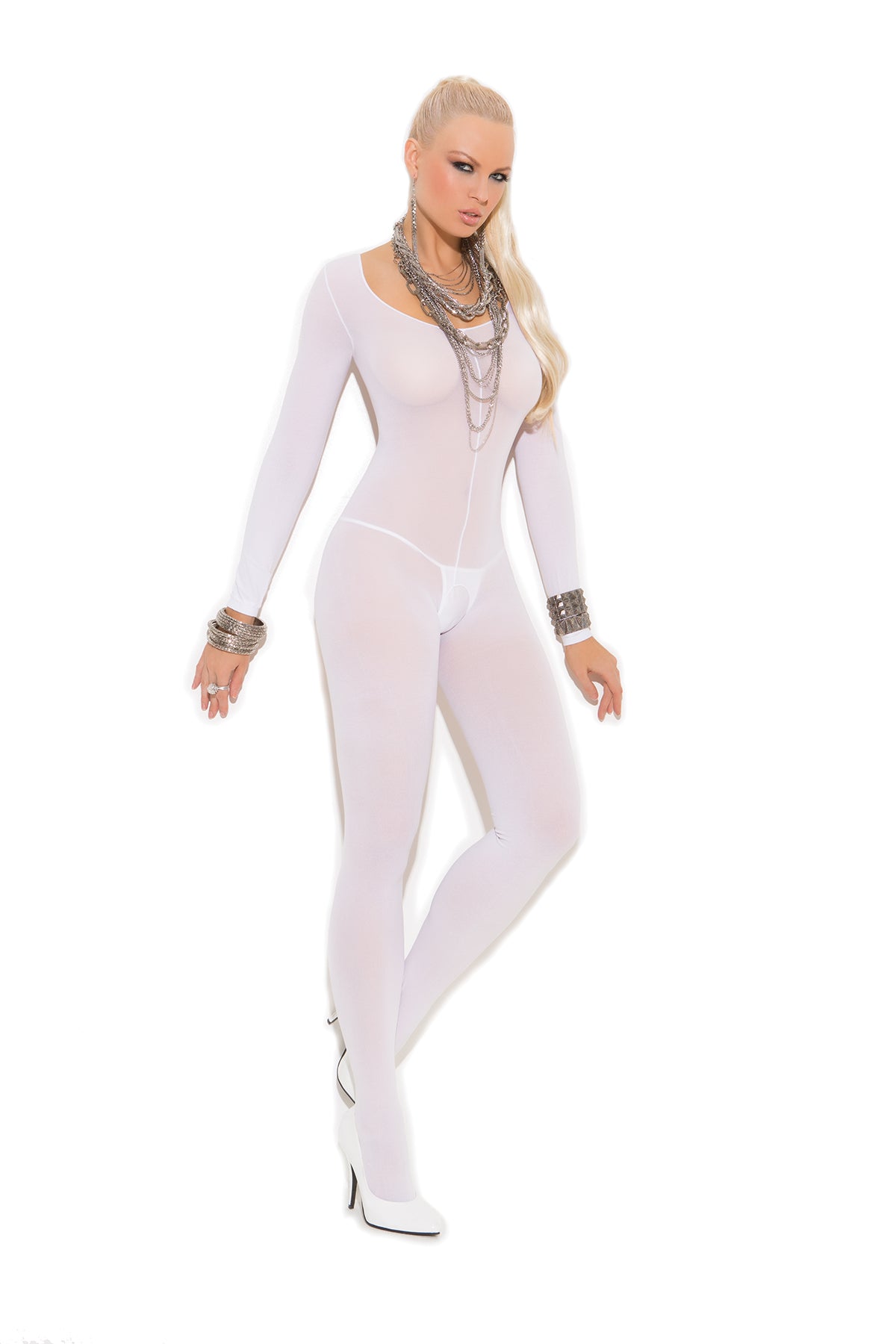 Opaque Long Sleeve Bodystocking With Open Crotch