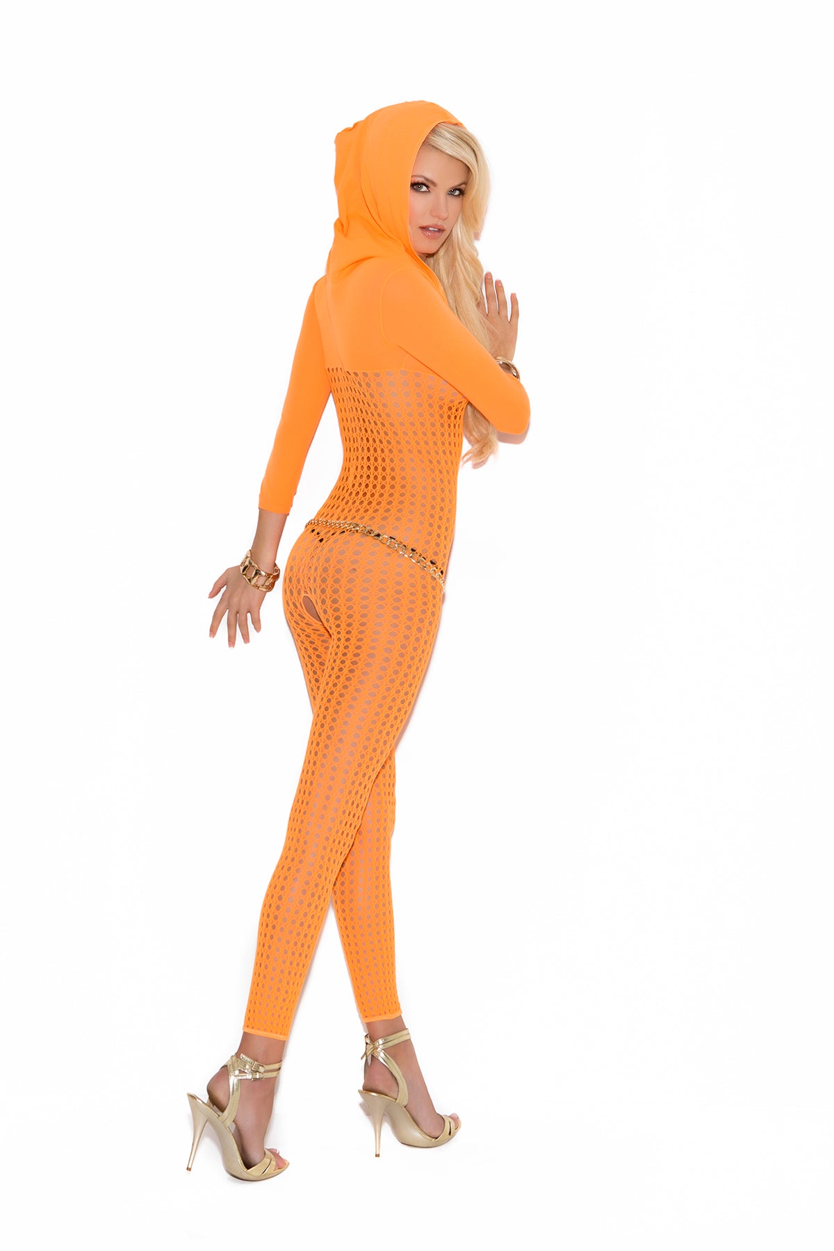 Crochet Footless Bodystocking With Open Crotch, 3/4 Sleeves And Hood