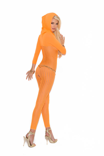 Crochet Footless Bodystocking With Open Crotch, 3/4 Sleeves And Hood