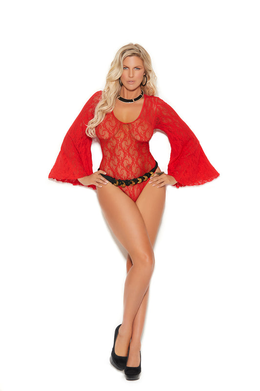 Deep V Lace Teddy With Bell Sleeves And Keyhole Back, +Size