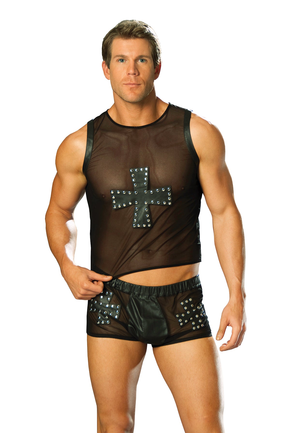 Mesh Tank Top With Leather Cross Trimmed In Nail Heads