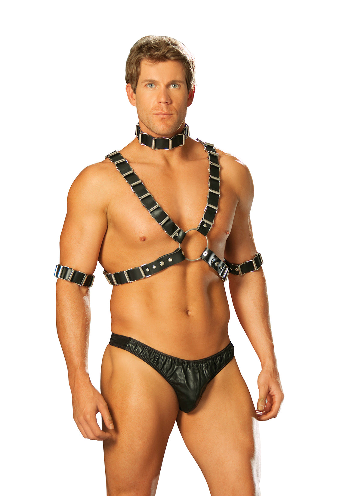 4 Piece Adjustable Harness, Set Includes Leather Harness, Arm Bands And Collar