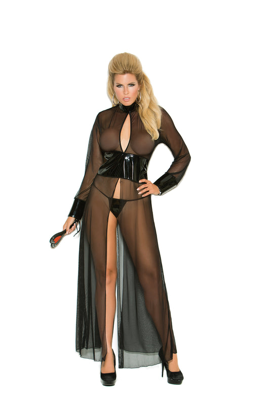 Mesh And Vinyl Long Sleeve Gown With Adjustable Hook And Eye Back Closure, Matching G-string Included, +Size